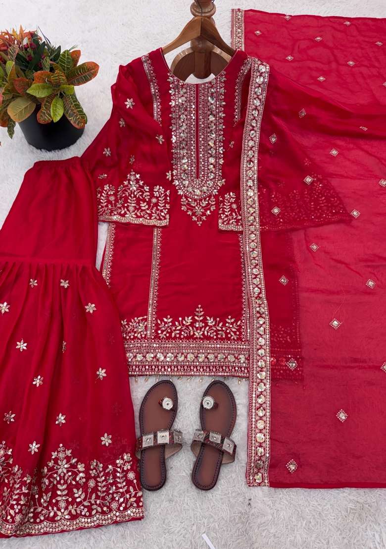 Rani Pink Embroidered Silk Kurta Set - Indya