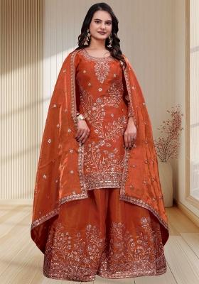 Orange Embroidered Chinon Kurta Set
