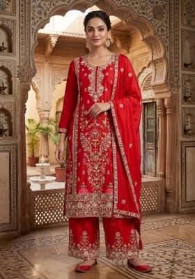Red Embroidered Chinon Kurta Set