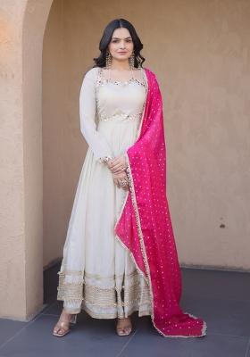 Cream Embroidered Silk Kurta With Dupatta