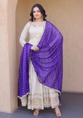 Cream Embroidered Silk Kurta With Dupatta