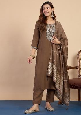 Brown Embroidered Cotton Kurta Set