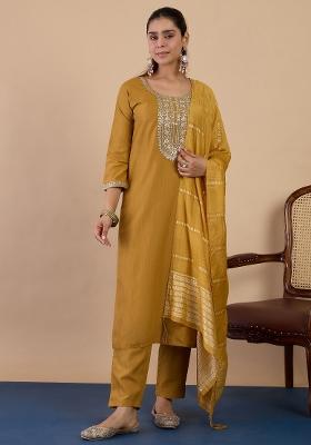 Mustard Embroidered Cotton Kurta Set