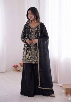 Black Embroidered Silk Kurta Set