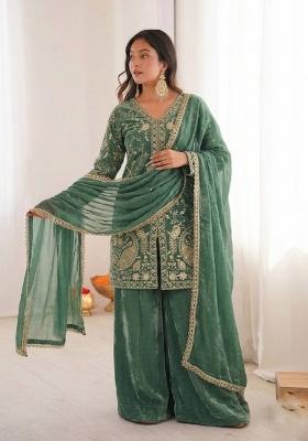 Dark Sea Green Embroidered Silk Kurta Set