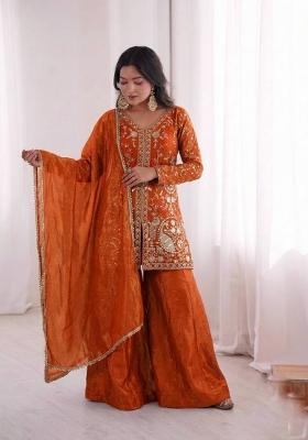 Orange Embroidered Silk Kurta Set