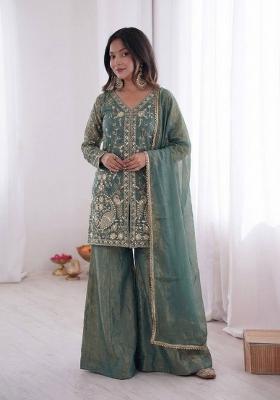 Sea Green Embroidered Silk Kurta Set
