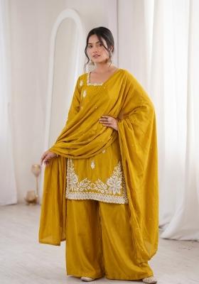 Yellow Embroidered Silk Kurta Set