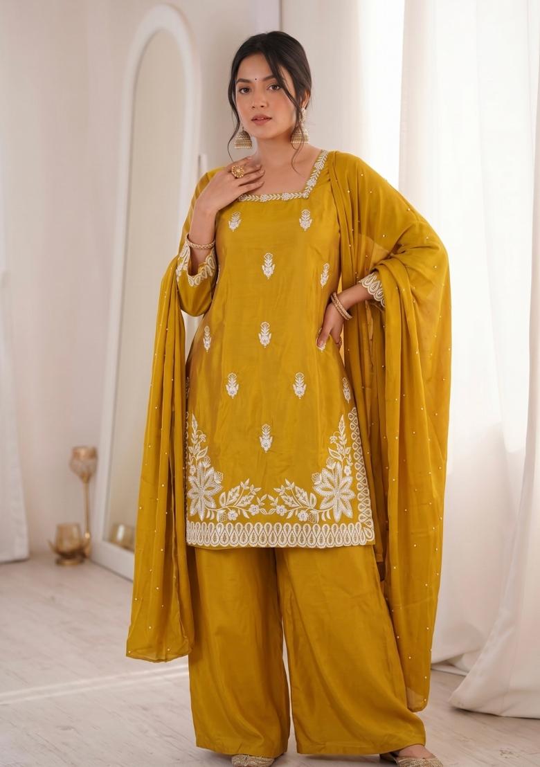 Yellow Embroidered Silk Kurta Set - Indya