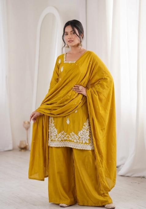 Yellow Embroidered Silk Kurta Set