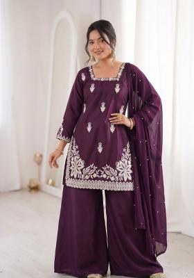 Purple Embroidered Silk Kurta Set