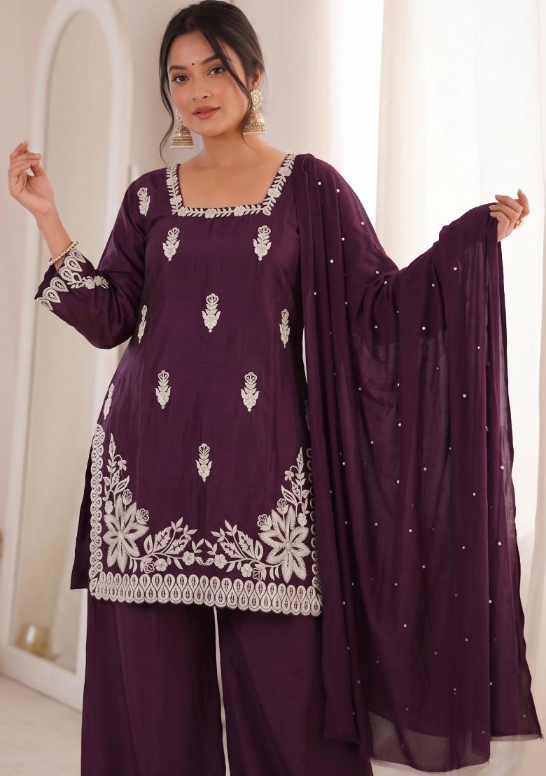 Purple Embroidered Silk Kurta Set - Indya