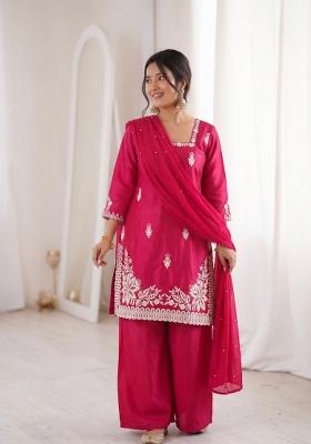 Rani Pink Embroidered Silk Kurta Set