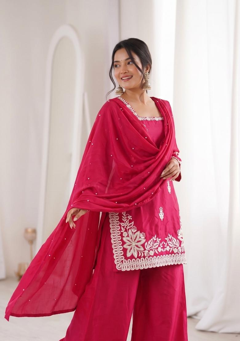 Rani Pink Embroidered Silk Kurta Set - Indya