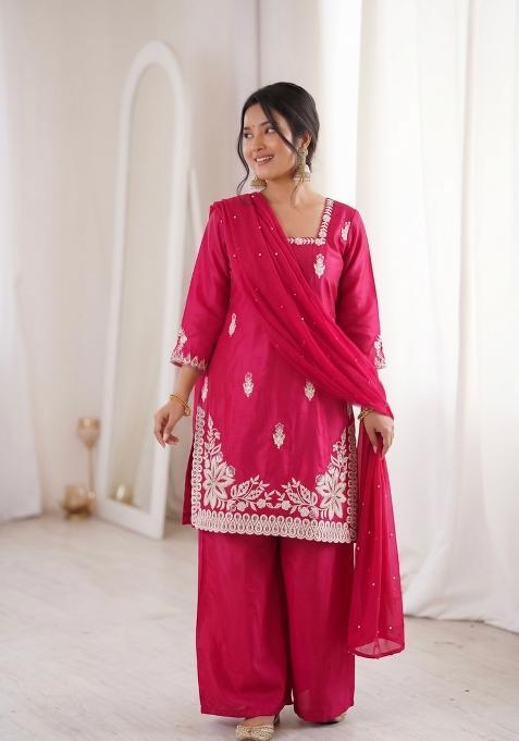 Rani Pink Embroidered Silk Kurta Set