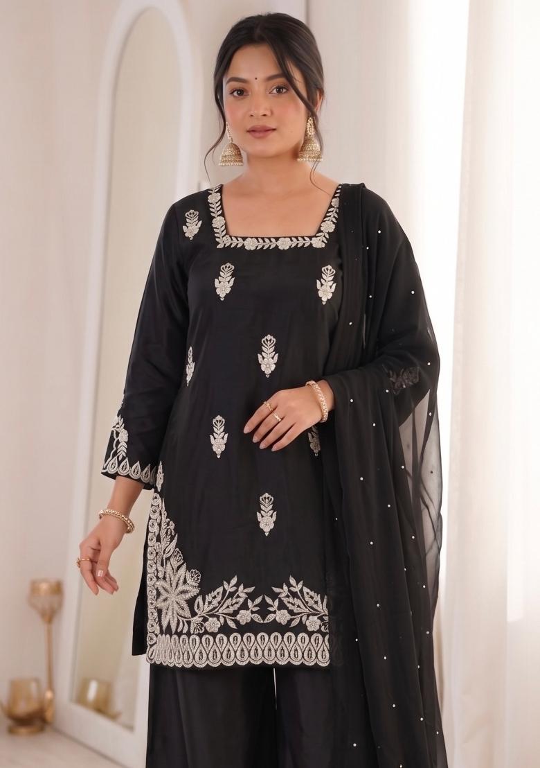 Black Embroidered Silk Kurta Set - Indya