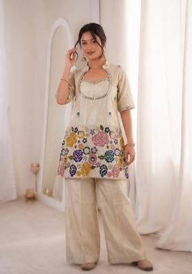 Beige Embroidered Silk Kurta Set