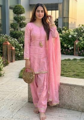 Pink Embroidered Satin Kurta Set