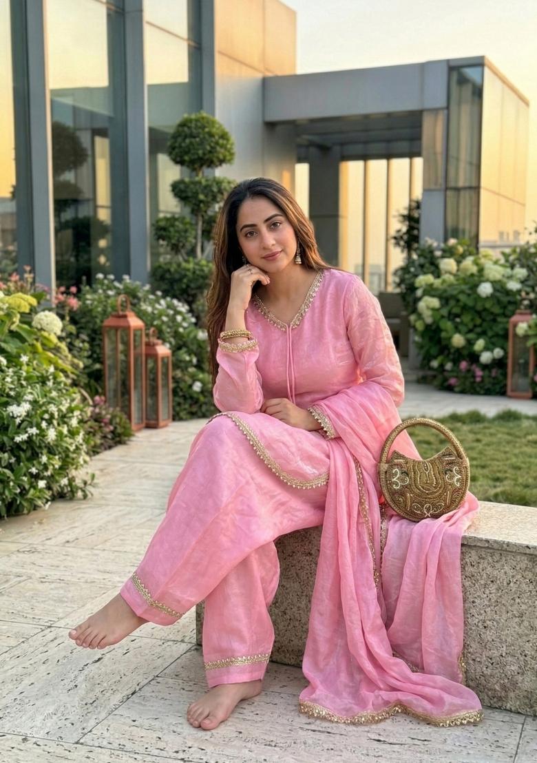 Pink Embroidered Satin Kurta Set - Indya