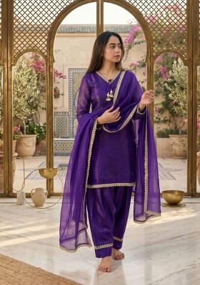 Purple Embroidered Satin Kurta Set