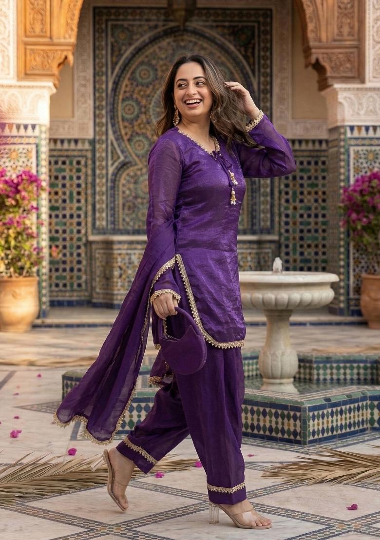 Purple Embroidered Satin Kurta Set - Indya