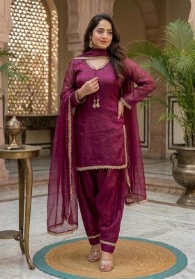 Wine Embroidered Satin Kurta Set