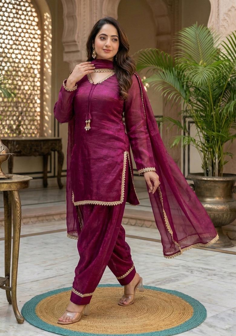 Wine Embroidered Satin Kurta Set - Indya