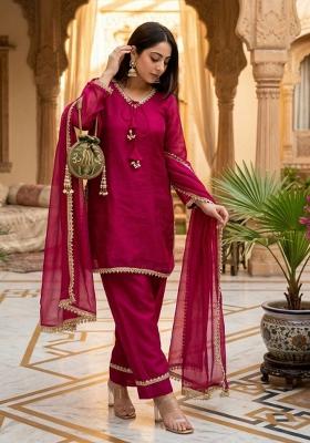 Rani Pink Embroidered Satin Kurta Set