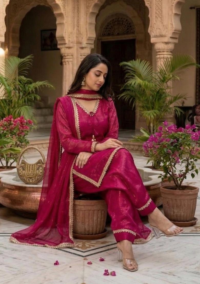 Rani Pink Embroidered Satin Kurta Set - Indya