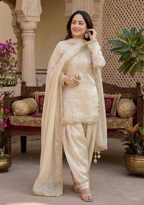 Beige Embroidered Satin Kurta Set