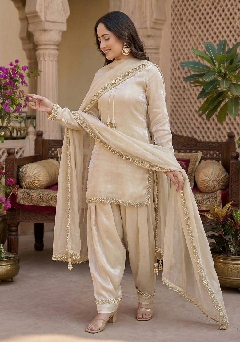 Beige Embroidered Satin Kurta Set - Indya
