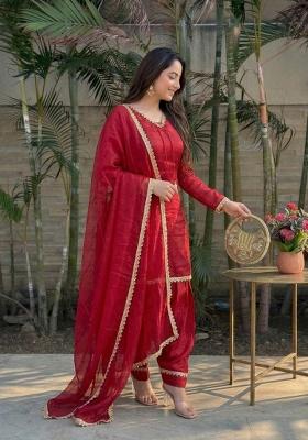 Red Embroidered Satin Kurta Set