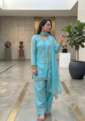 Sky Blue Embroidered Satin Kurta Set