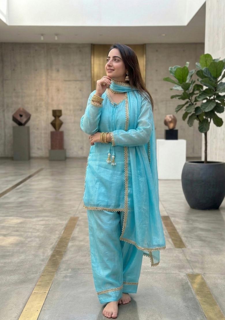 Sky Blue Embroidered Satin Kurta Set - Indya
