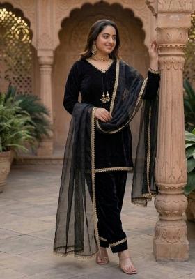 Black Embroidered Satin Kurta Set