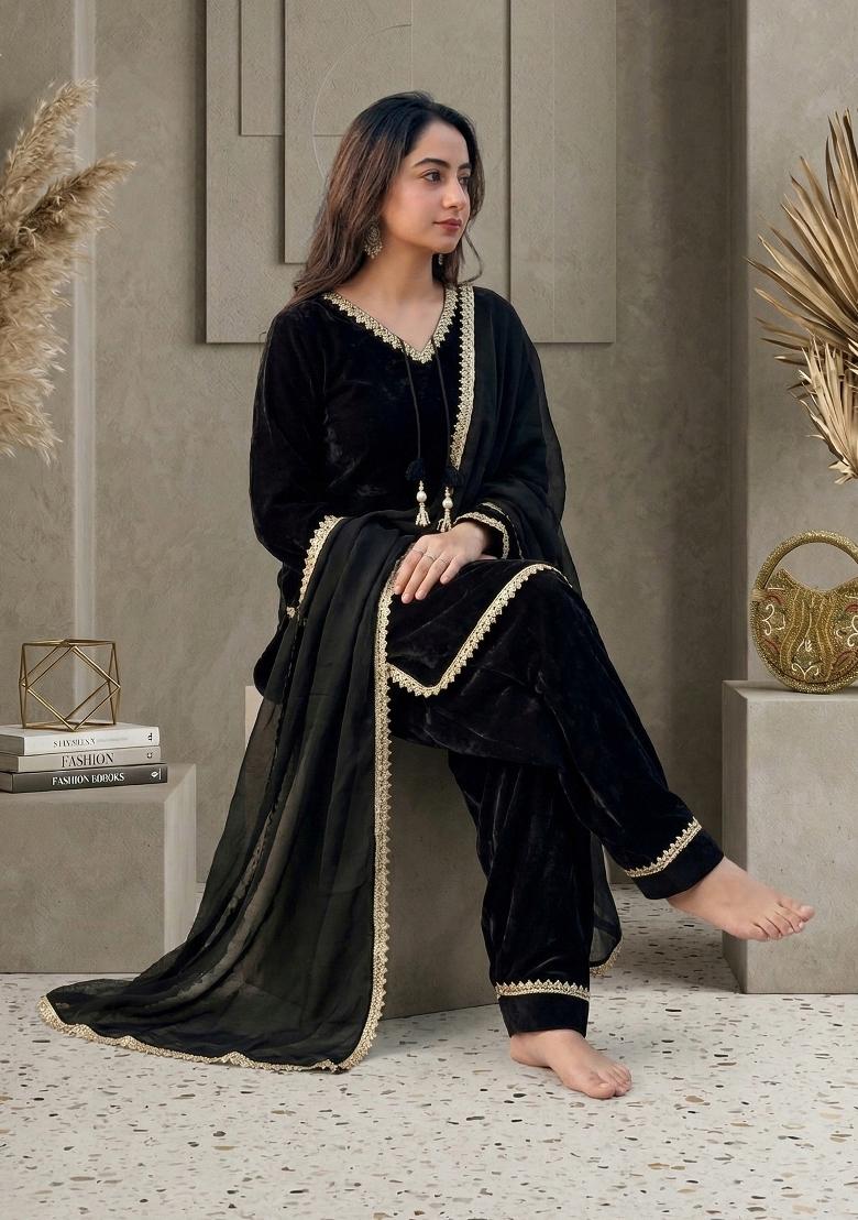 Black Embroidered Satin Kurta Set - Indya