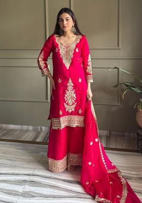 Rani Pink Embroidered Satin Kurta Set
