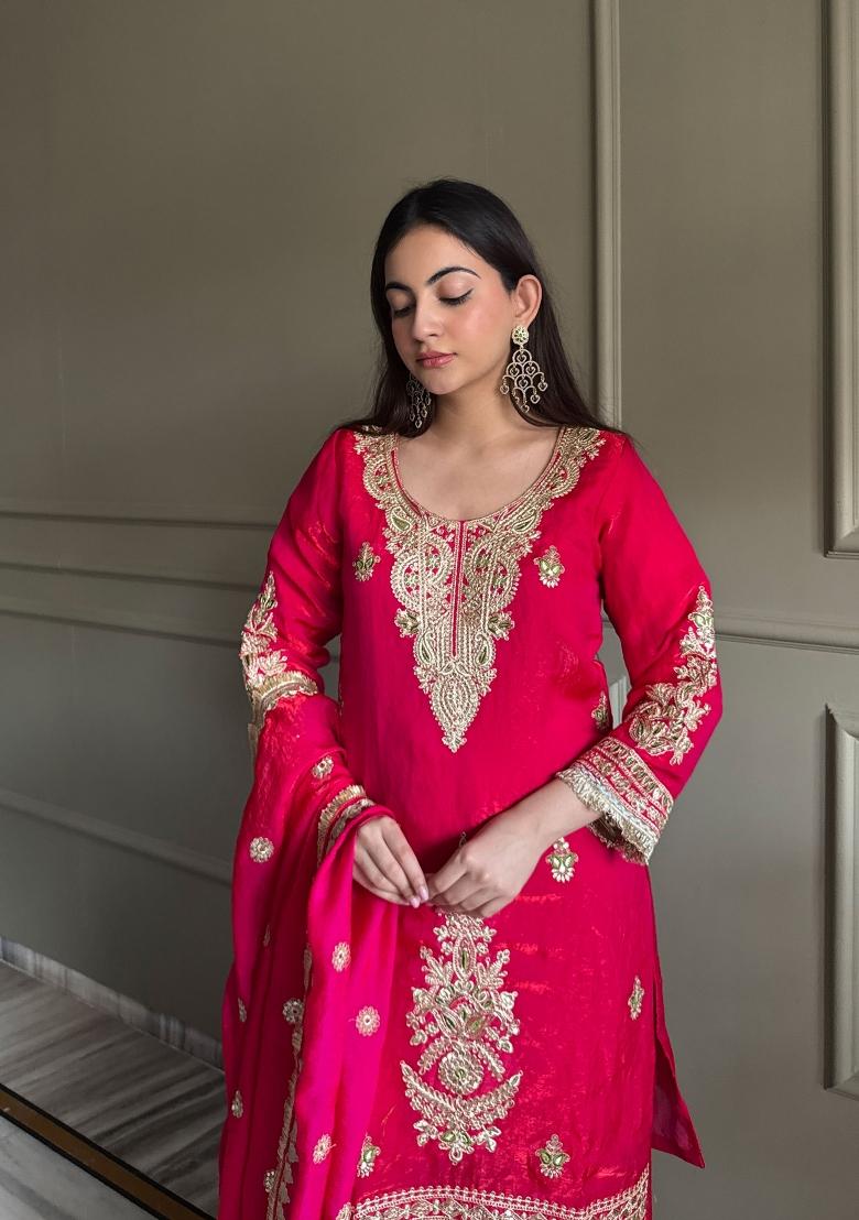 Rani Pink Embroidered Satin Kurta Set - Indya
