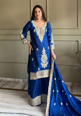Blue Embroidered Satin Kurta Set