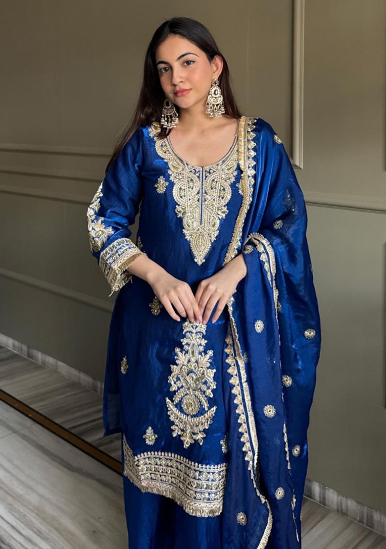 Blue Embroidered Satin Kurta Set - Indya