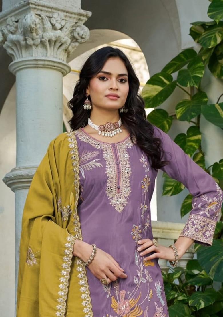 Lavender Embroidered Simmer Kurta Set - Indya