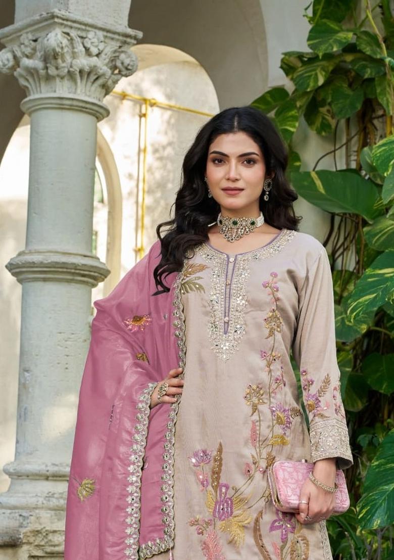 Grey Embroidered Simmer Kurta Set - Indya