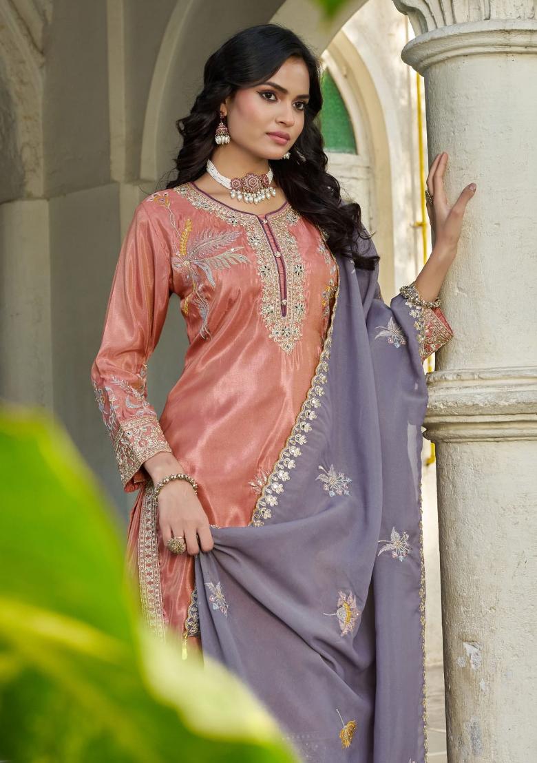 Peach Embroidered Simmer Kurta Set - Indya