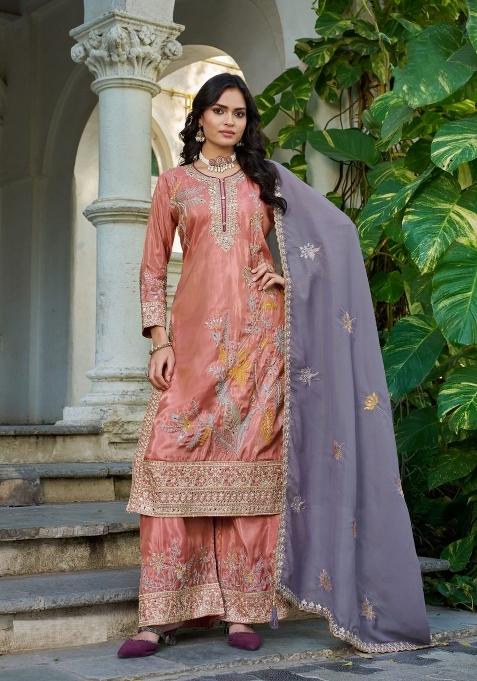 Peach Embroidered Simmer Kurta Set