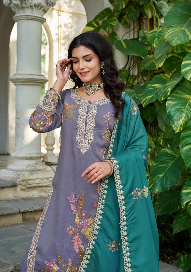 Blue Embroidered Simmer Kurta Set - Indya