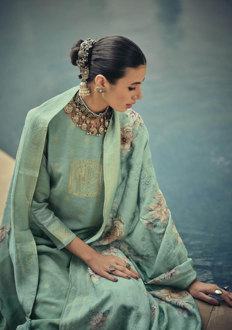 Sea Green Embroidered Silk Kurta Set - Indya