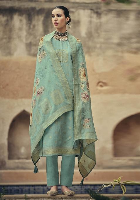 Sea Green Embroidered Silk Kurta Set