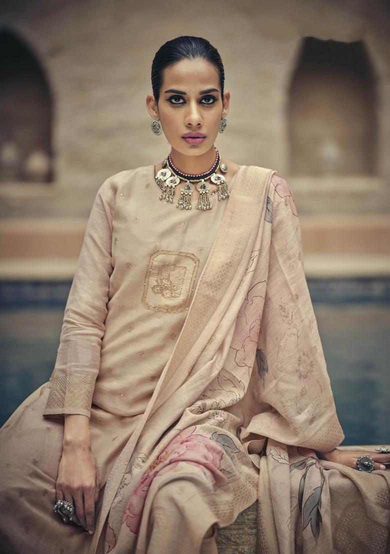 Cream Embroidered Silk Kurta Set - Indya