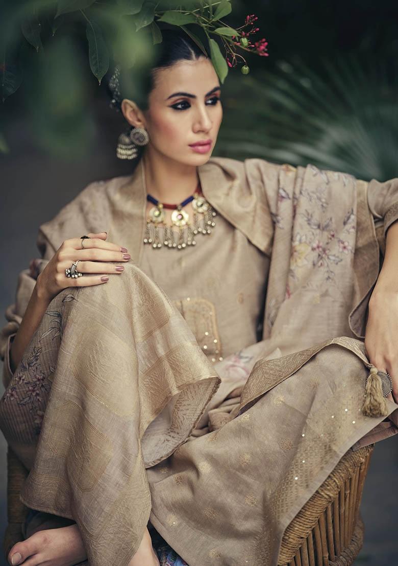 Grey Embroidered Silk Kurta Set - Indya