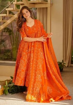 Orange Printed Muslin Kurta Set